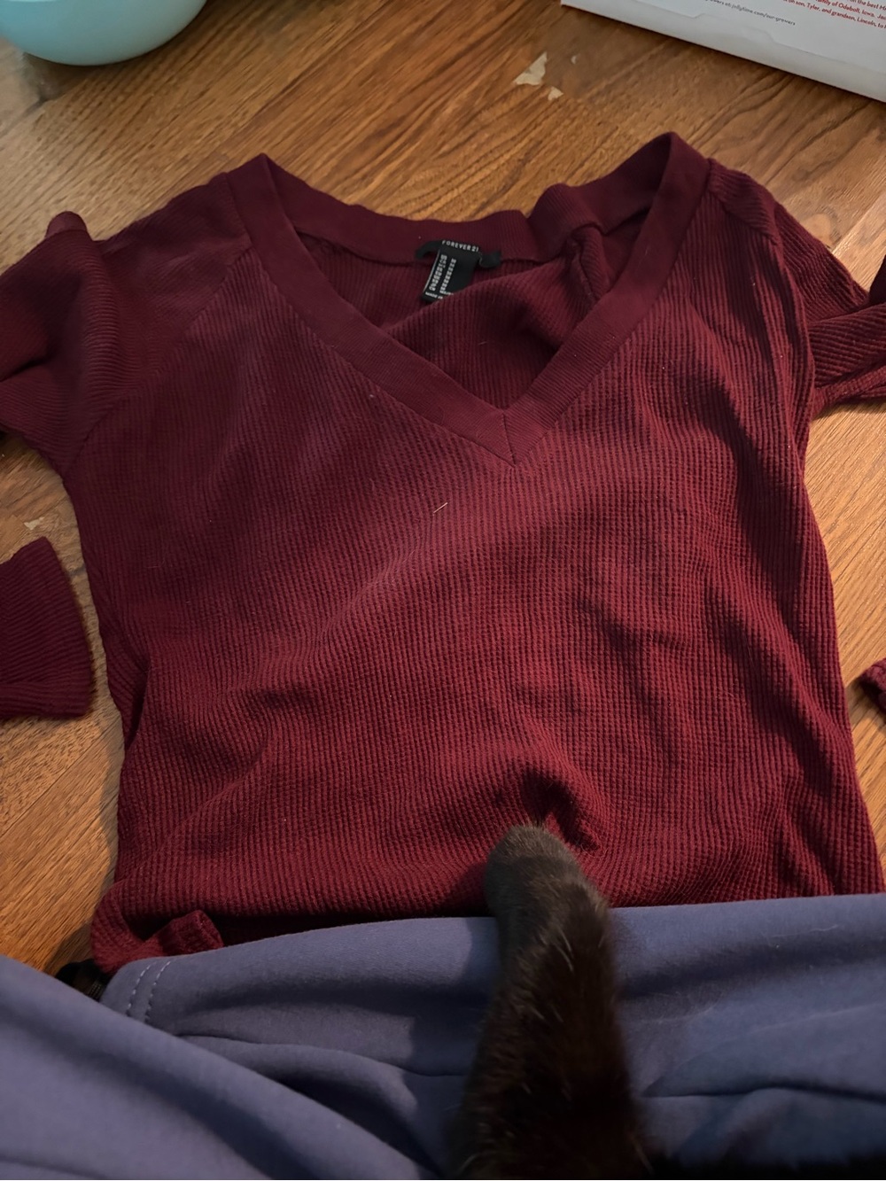 Forever 21 Burgundy Ribbed V-Neck Crop Top